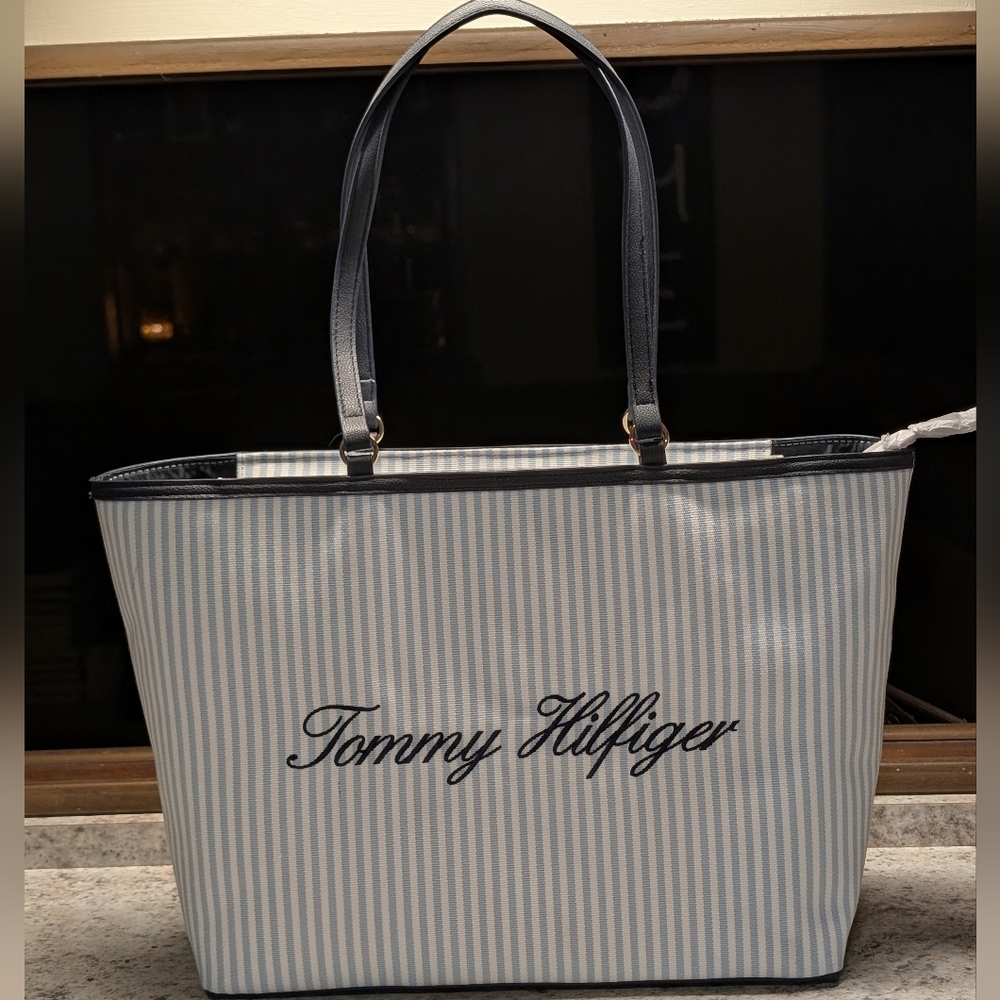 Tommy Hilfiger Striped Blue and White Tote Bag With Embroidered Logo NWT